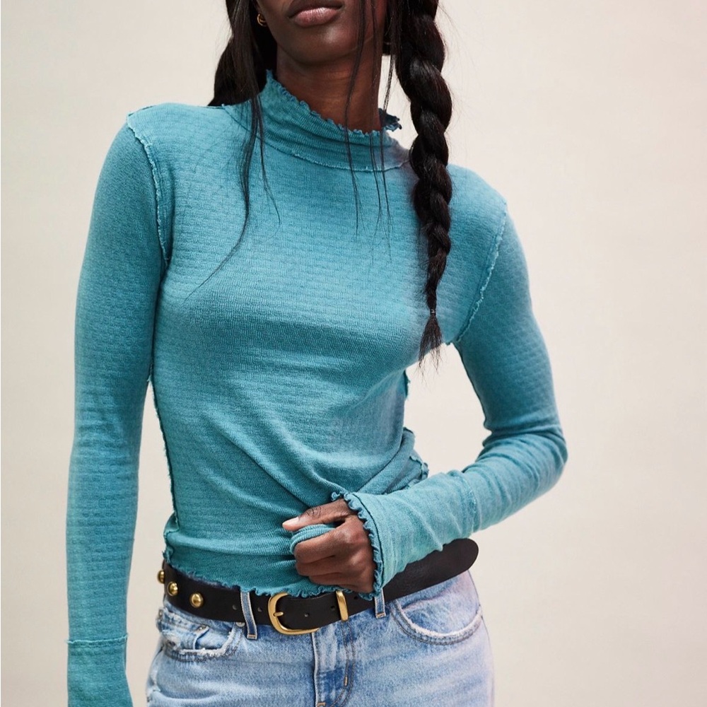 We the Free Sara Pointelle Teal Long Sleeve Women's Turtleneck Size Medium